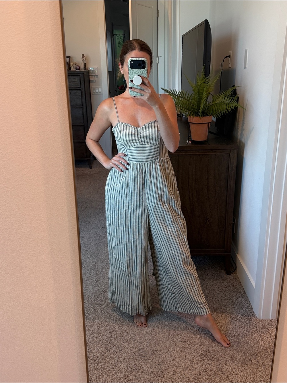 Striped Linen-Blend Wide-Leg Jumpsuit In Grey Stripe